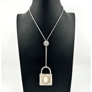 1928 Vintage Style Faux Pearl Lock Reversible Silver Tone Pendant 31" Necklace